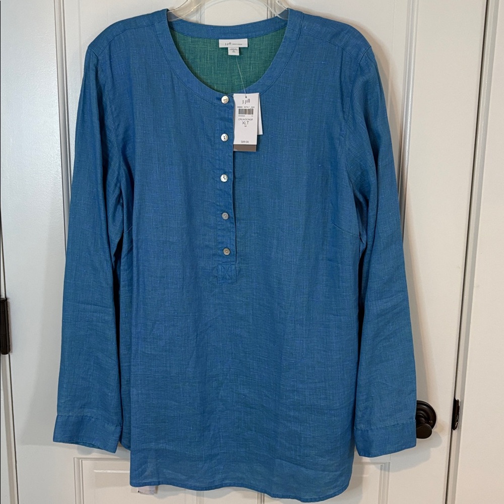 J Jill NWT Size XL Tall Blue/Green 100% Linen Top